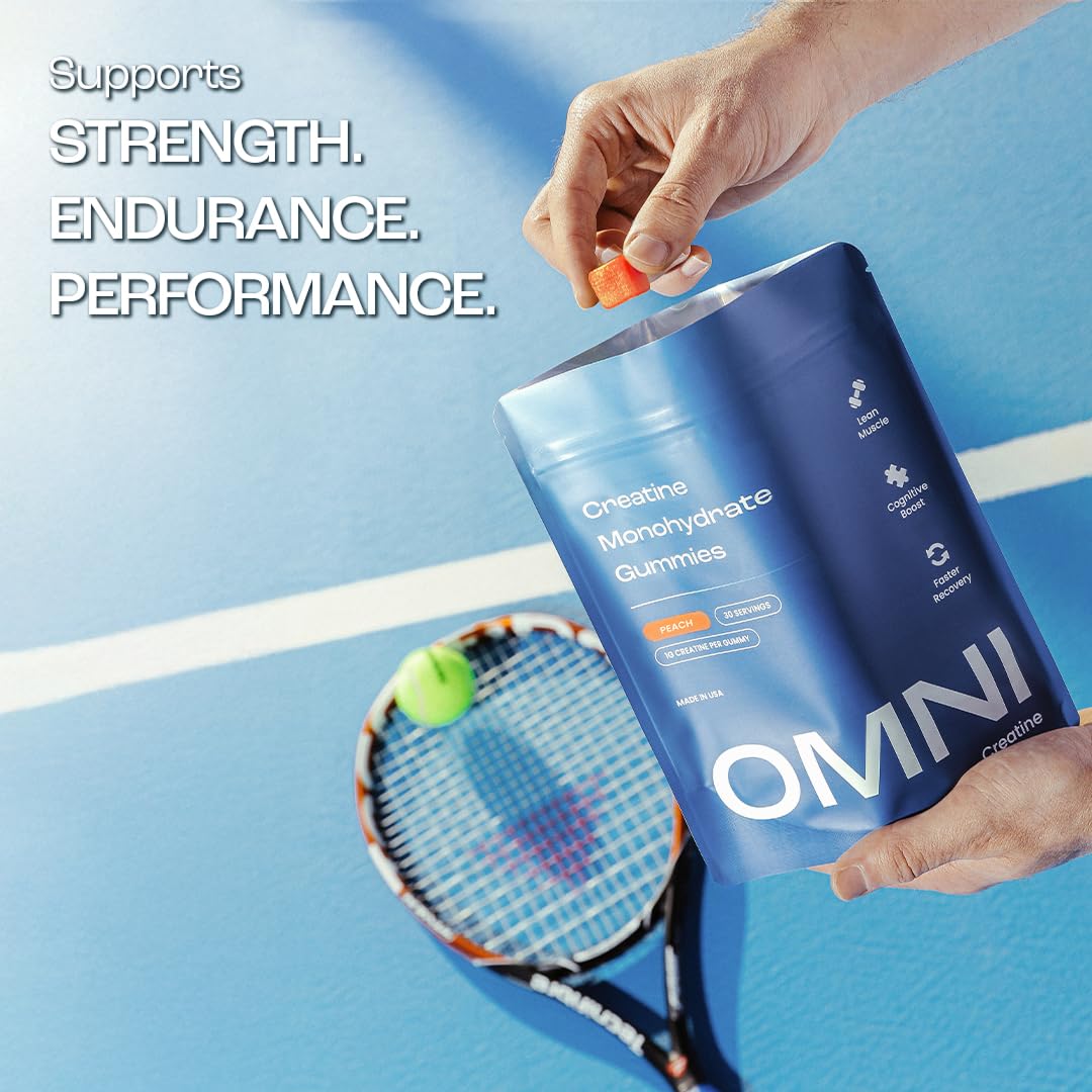 Peach-flavored OMNI Creatine Gummies for tasty daily performance.