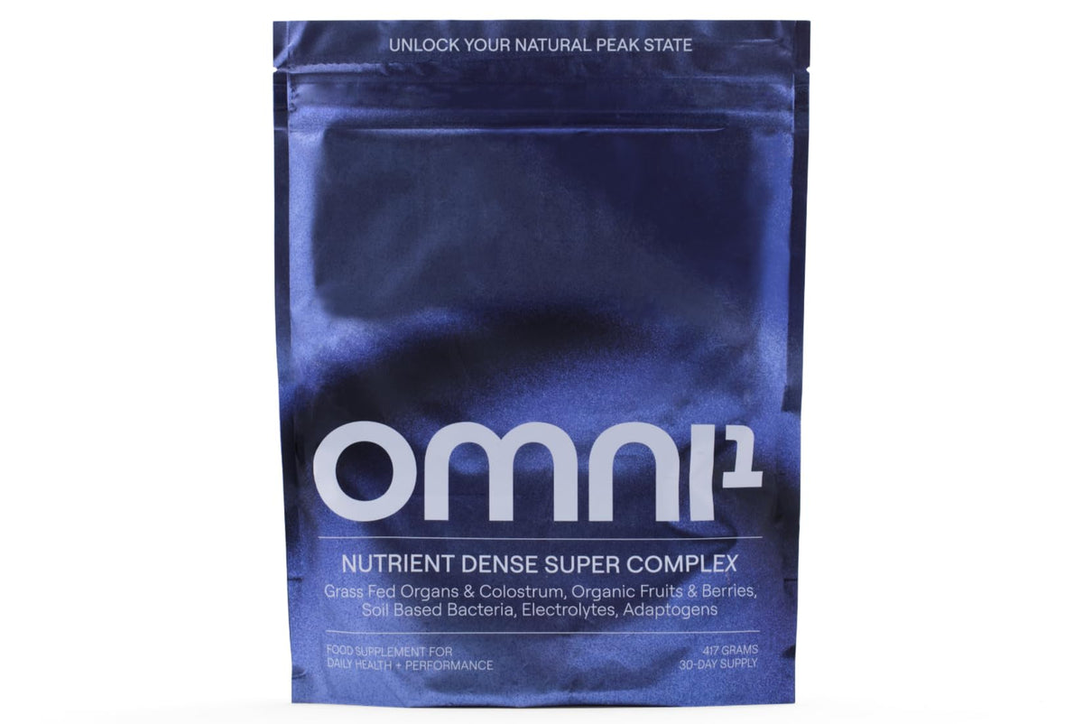 OMNI1 Super Complex bottle front showing daily vitality support with organic fruits and adaptogens