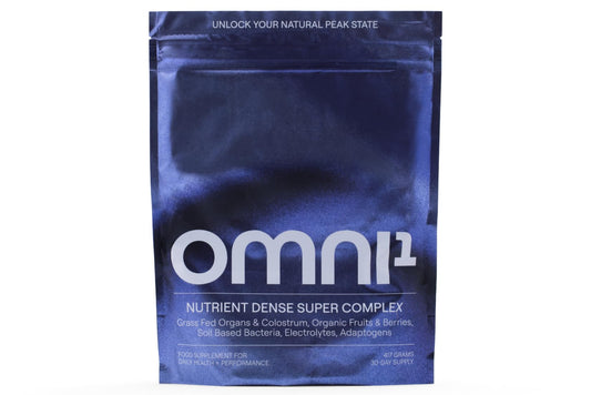 OMNI1 Super Complex bottle front showing daily vitality support with organic fruits and adaptogens