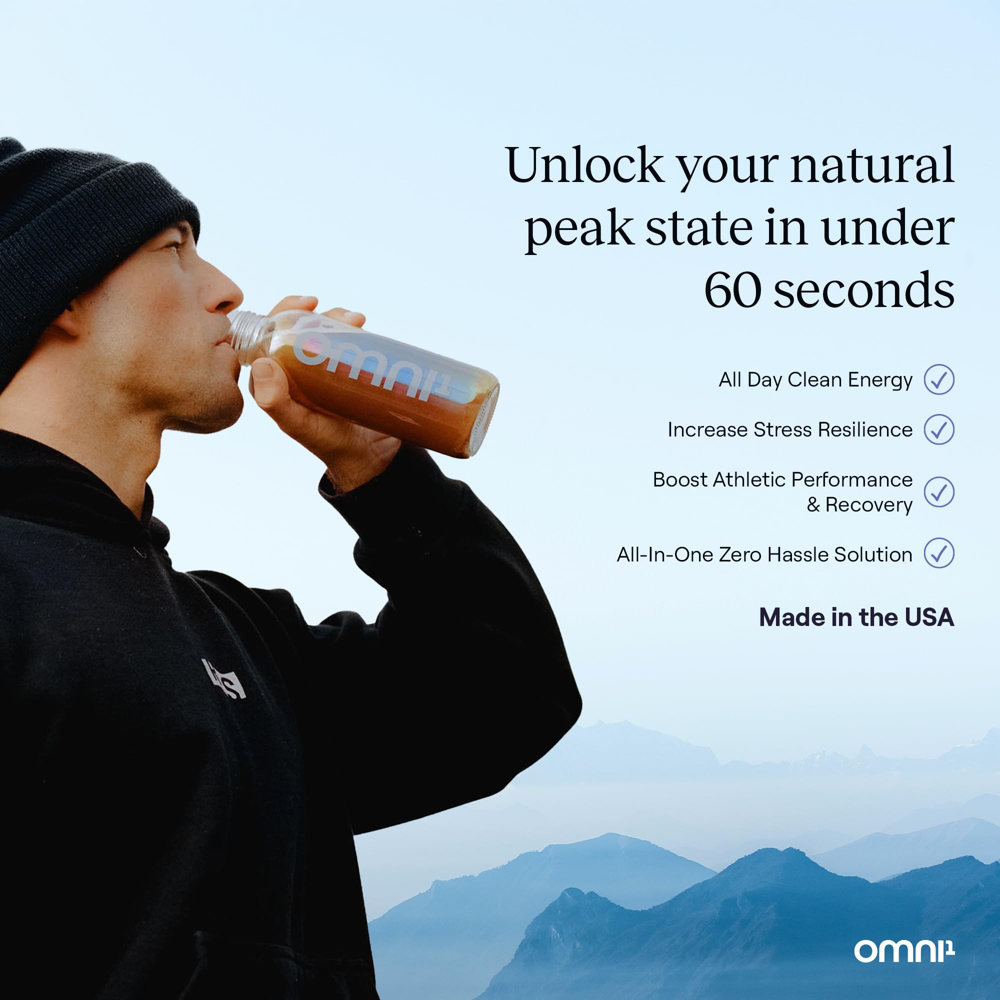 OMNI1 Super Complex bottle pour illustrating easy mixing into smoothies and yogurts