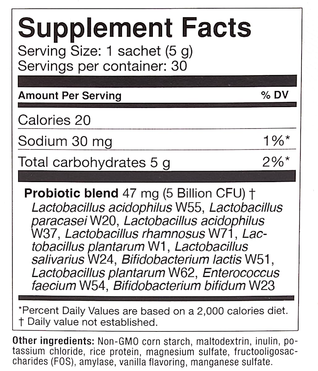 OMNi BiOTiC AB 10 bottle label highlights daily dose and benefits.