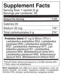 OMNi BiOTiC AB 10 bottle label highlights daily dose and benefits.