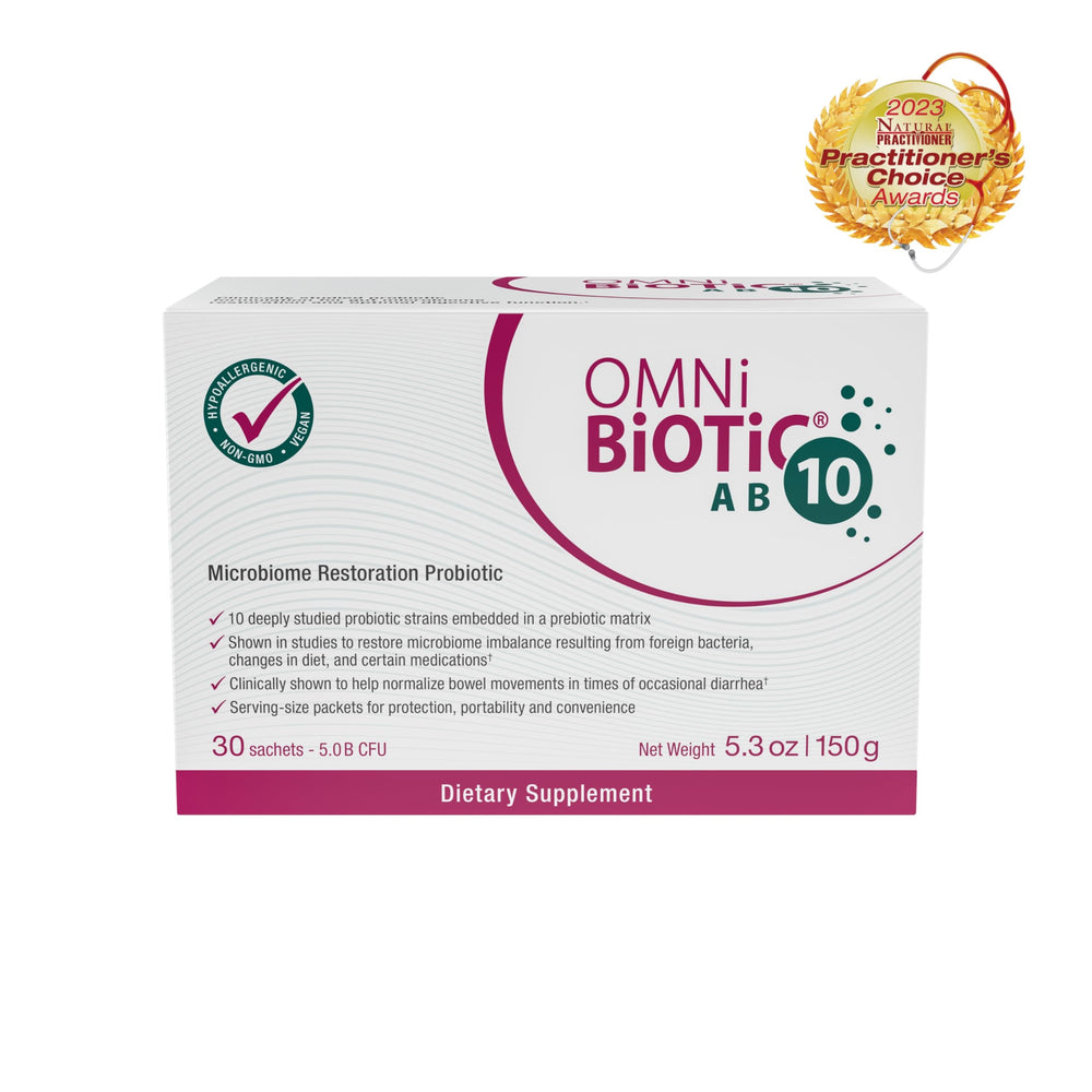 OMNi BiOTiC AB 10 box packaging showcases easy shelf-stable probiotic supplementation.