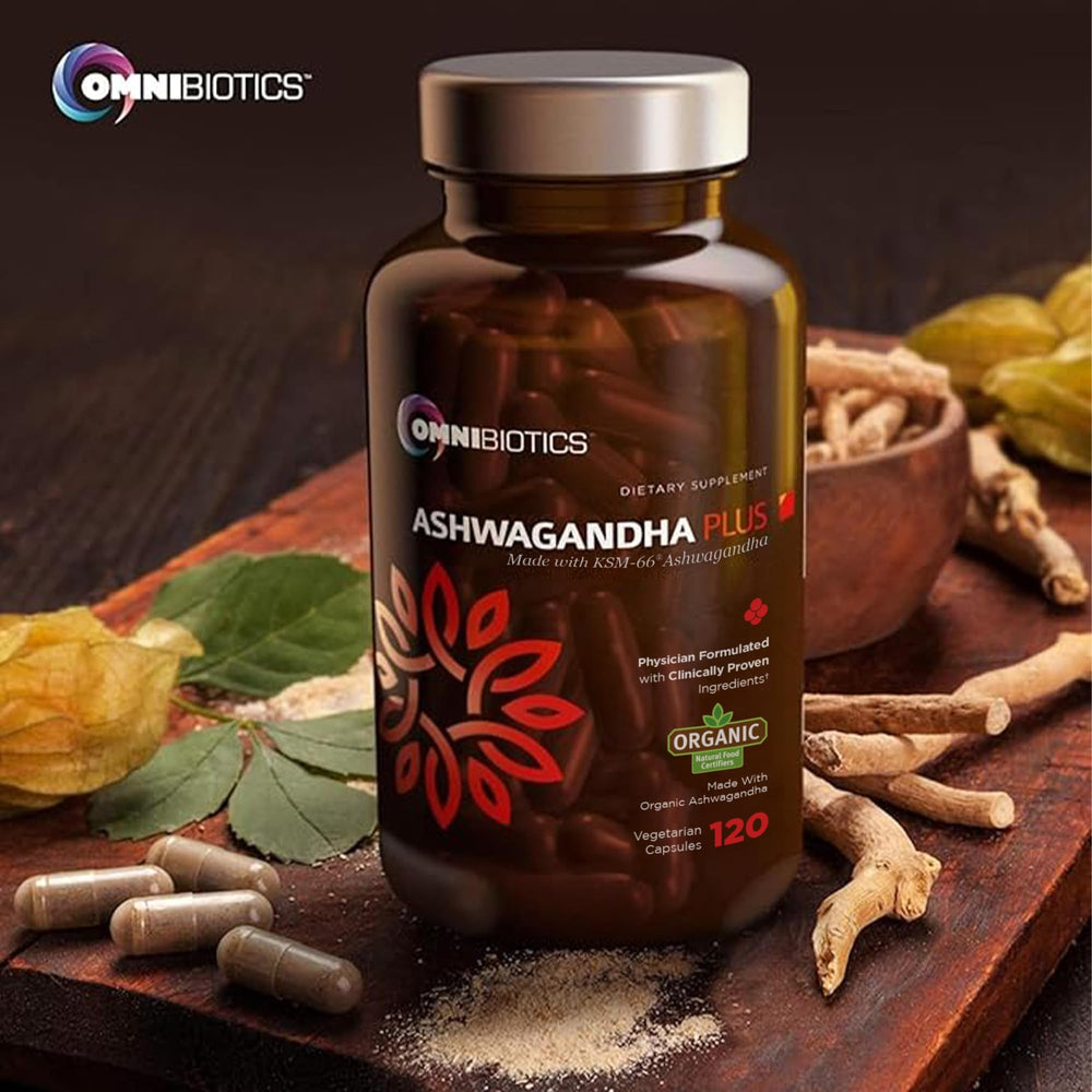 OmniBiotics Ashwagandha root powder display highlights organic sourcing and potency