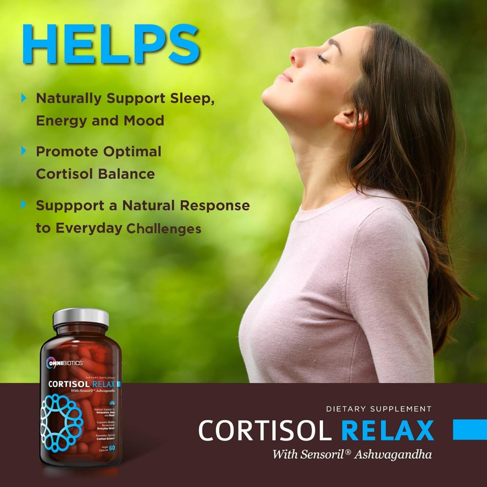 OmniBiotics Cortisol Relax bottle label shows vegan, allergen-friendly formula.