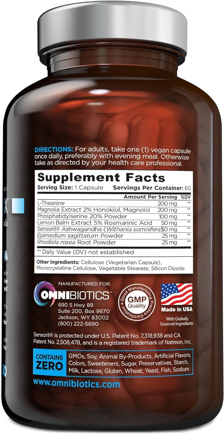 OmniBiotics Cortisol Relax use-scene with capsules and water.
