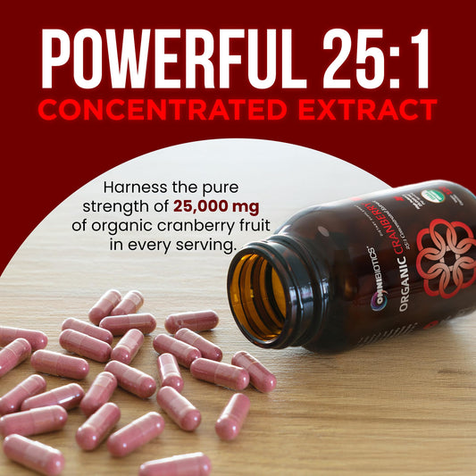 OmniBiotics cranberry pills women bottle label close-up highlights potency and organic certification.