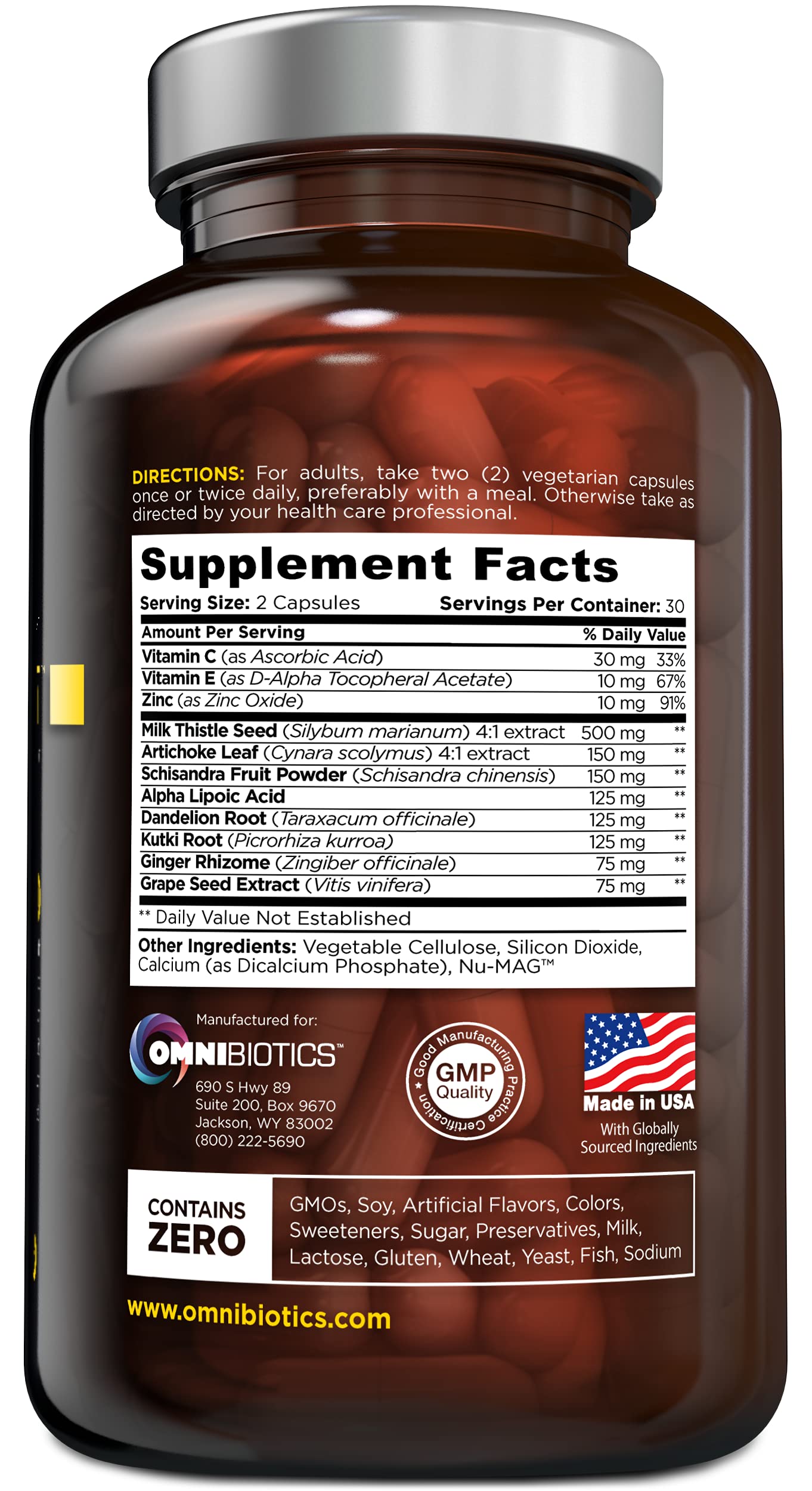 OmniBiotics ingredient list featuring milk thistle and dandelion root.