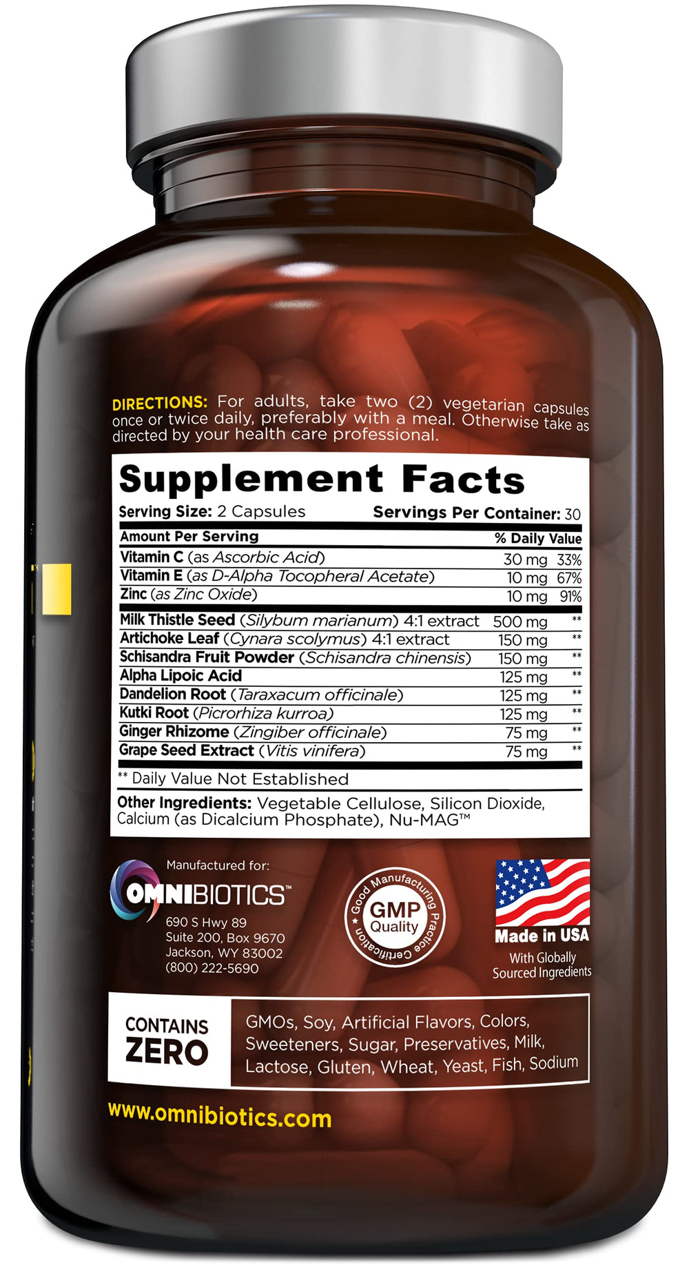 OmniBiotics ingredient list featuring milk thistle and dandelion root.