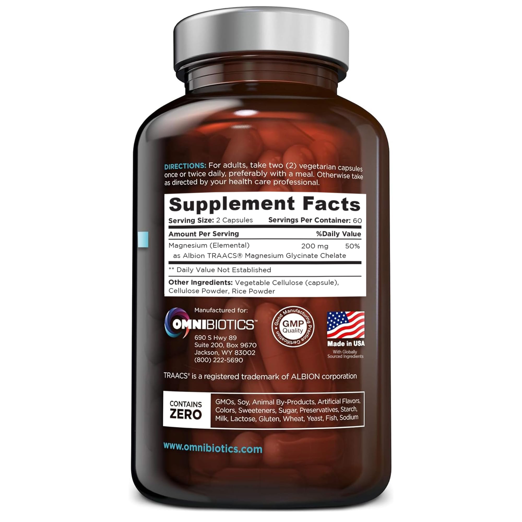 OmniBiotics magnesium glycinate capsules close-up showing ease of swallowing