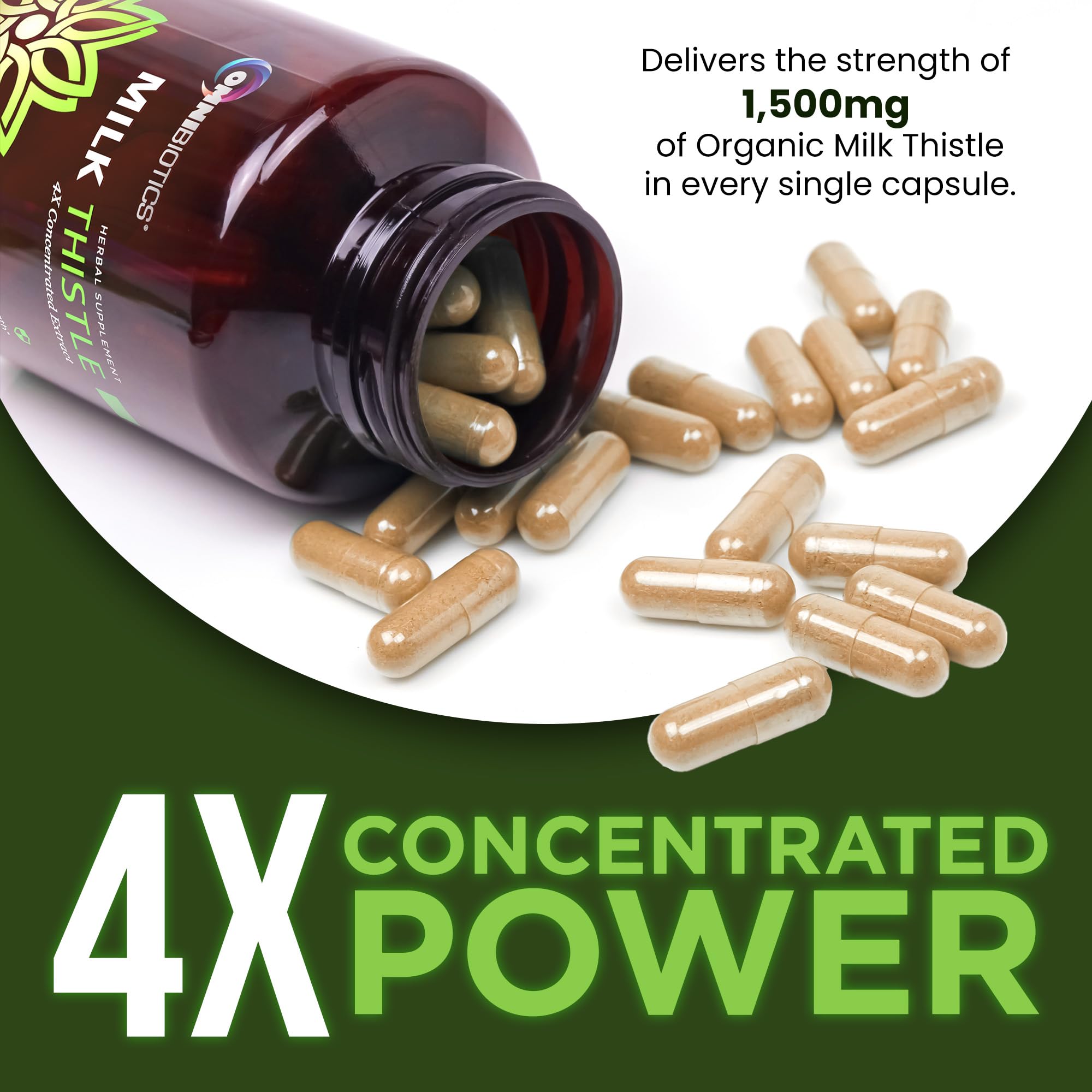 OmniBiotics Milk Thistle capsules close-up highlights 1500mg potency for strong daily support.