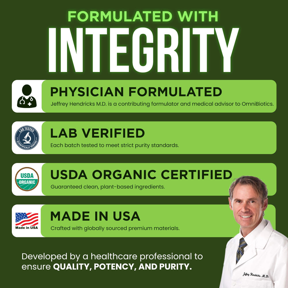 OmniBiotics NSF/cGMP facility logo signals rigorous manufacturing standards.