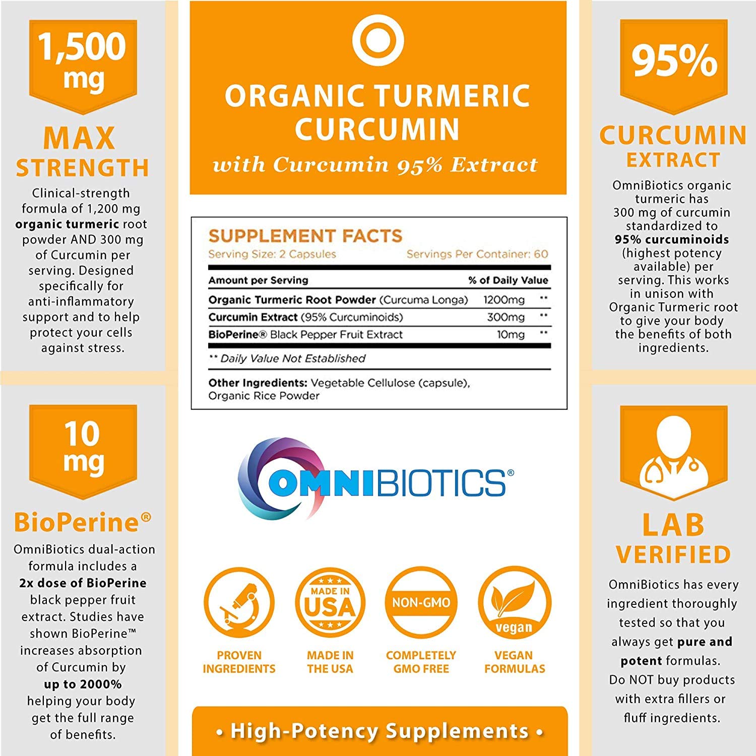 OmniBiotics turmeric bottle back label with potency and ingredients highlighted
