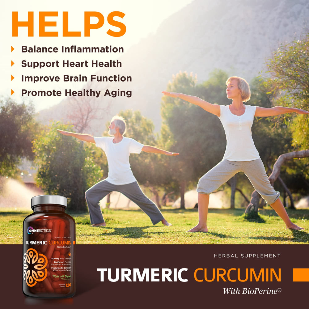 Closeup of OmniBiotics turmeric capsules for daily use
