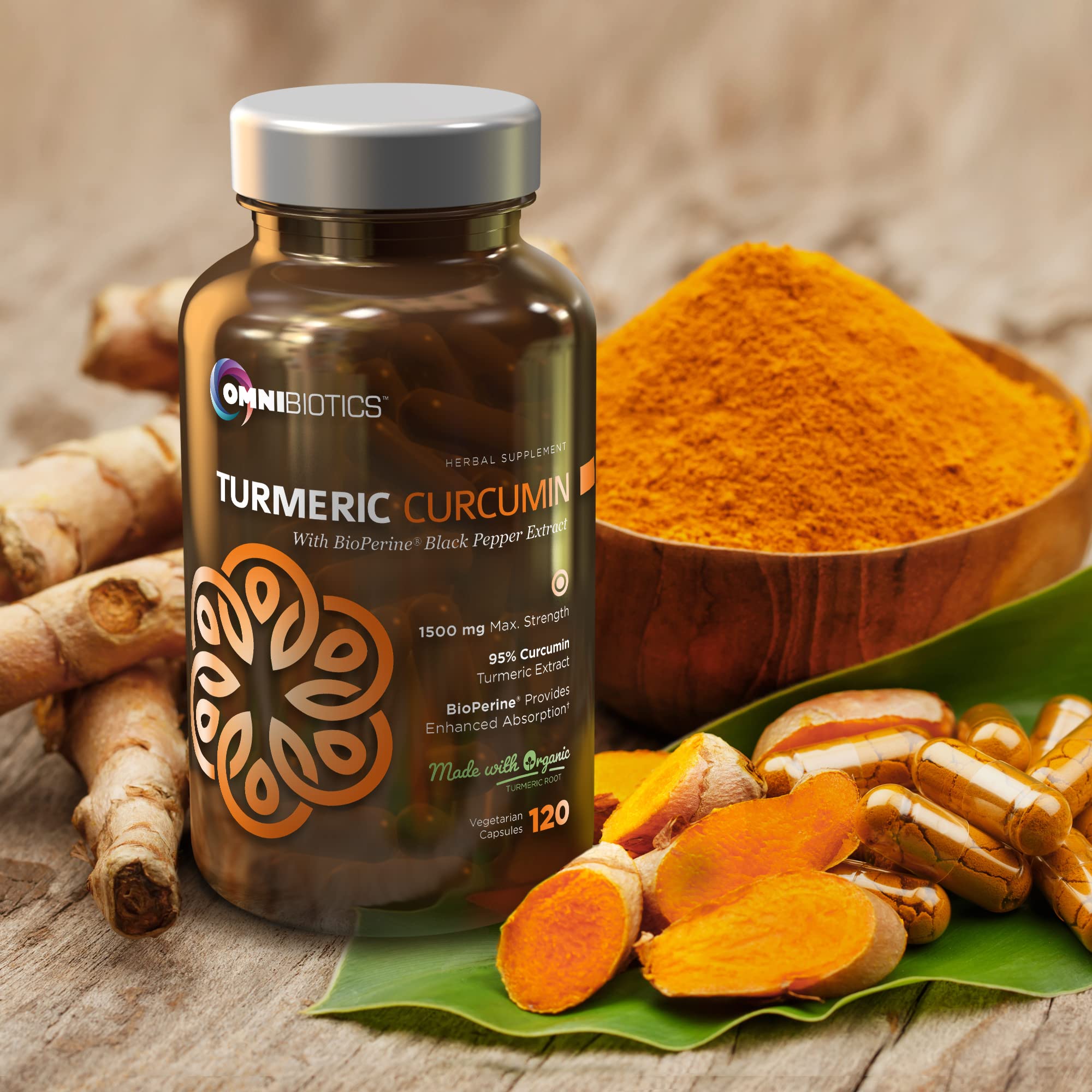 Detail of OmniBiotics turmeric label showing 95% curcuminoids and BioPerine