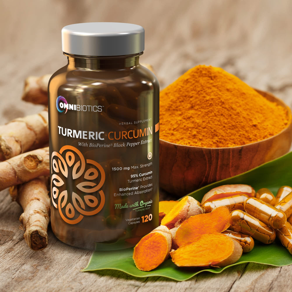 Detail of OmniBiotics turmeric label showing 95% curcuminoids and BioPerine