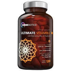 OmniBiotics Ultimate Vitamin C tablet closeup shows high-dose immune support in one tablet.