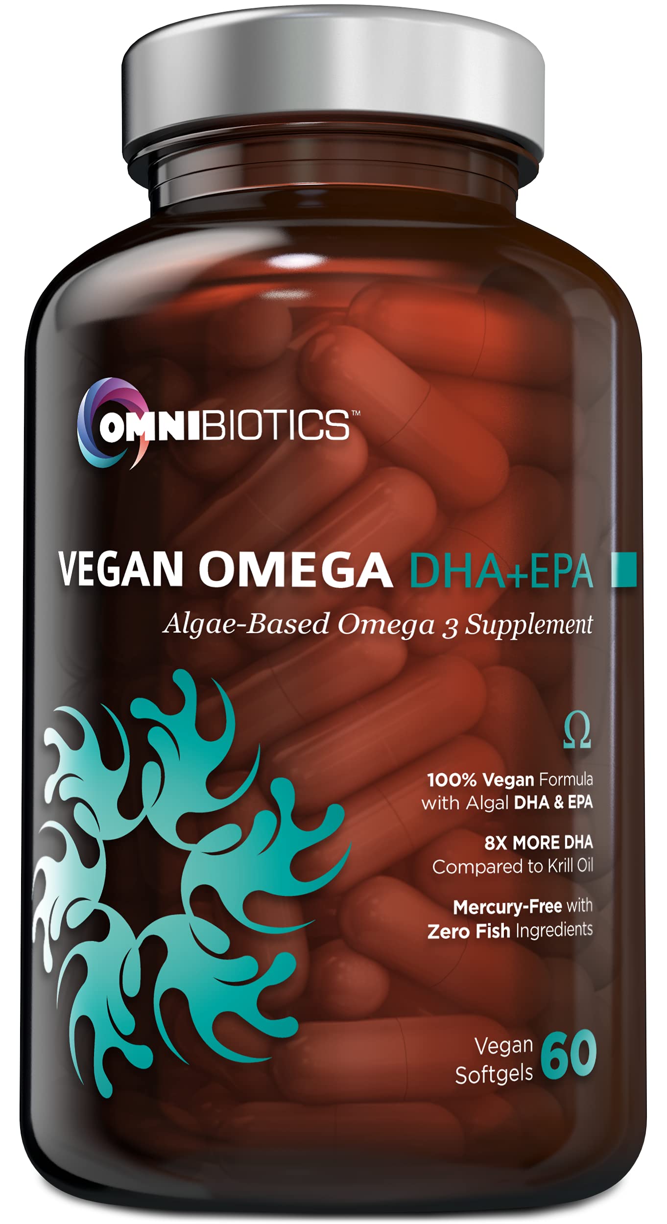 OmniBiotics vegan Omega-3 bottle showcases plant-based DHA EPA for prenatal wellness.