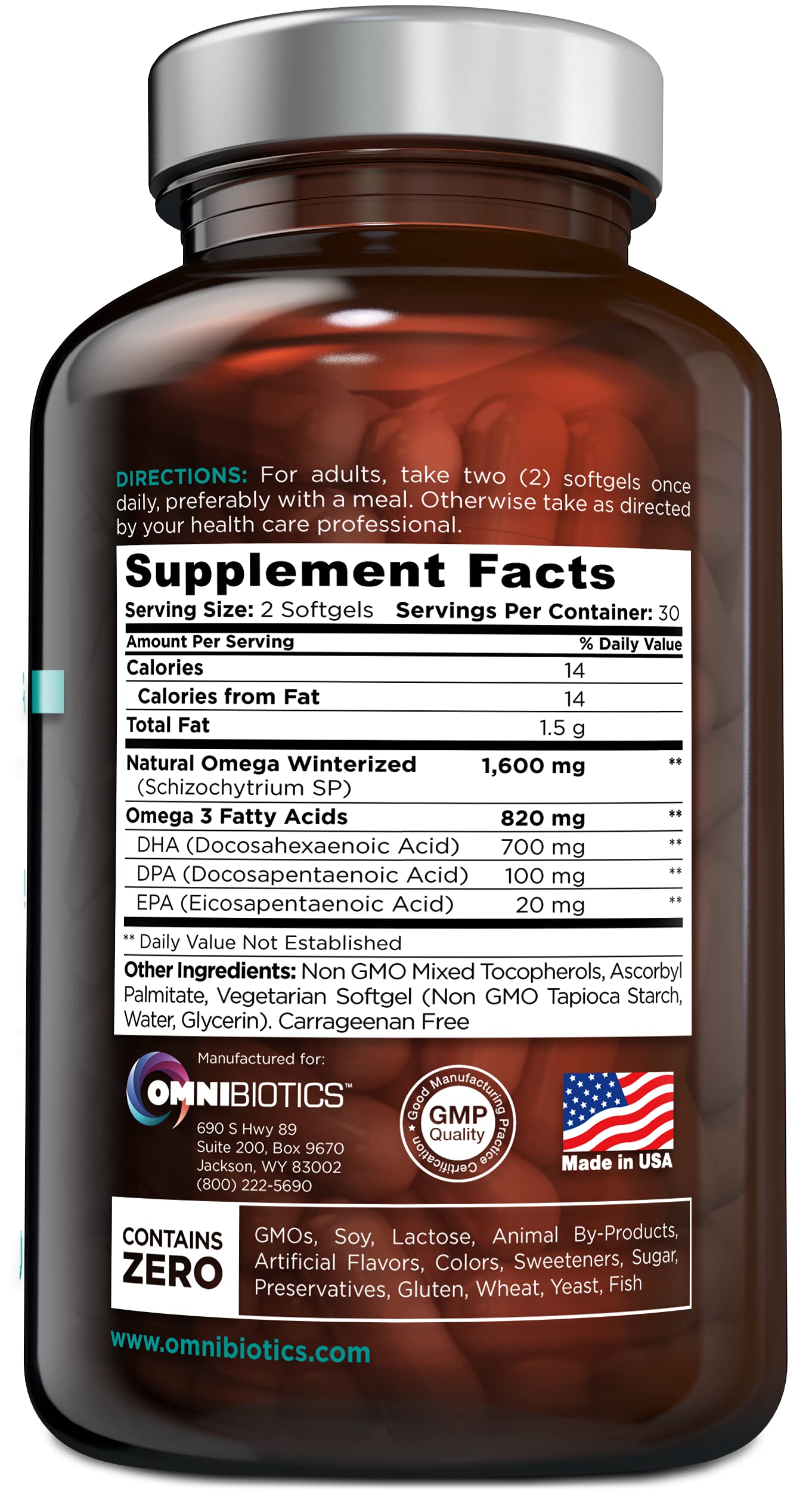Close-up of OmniBiotics capsules highlights fish-free DHA for eco-conscious shoppers.