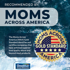 Close-up of OmniBlue bottle label highlighting mineral content and sourcing.