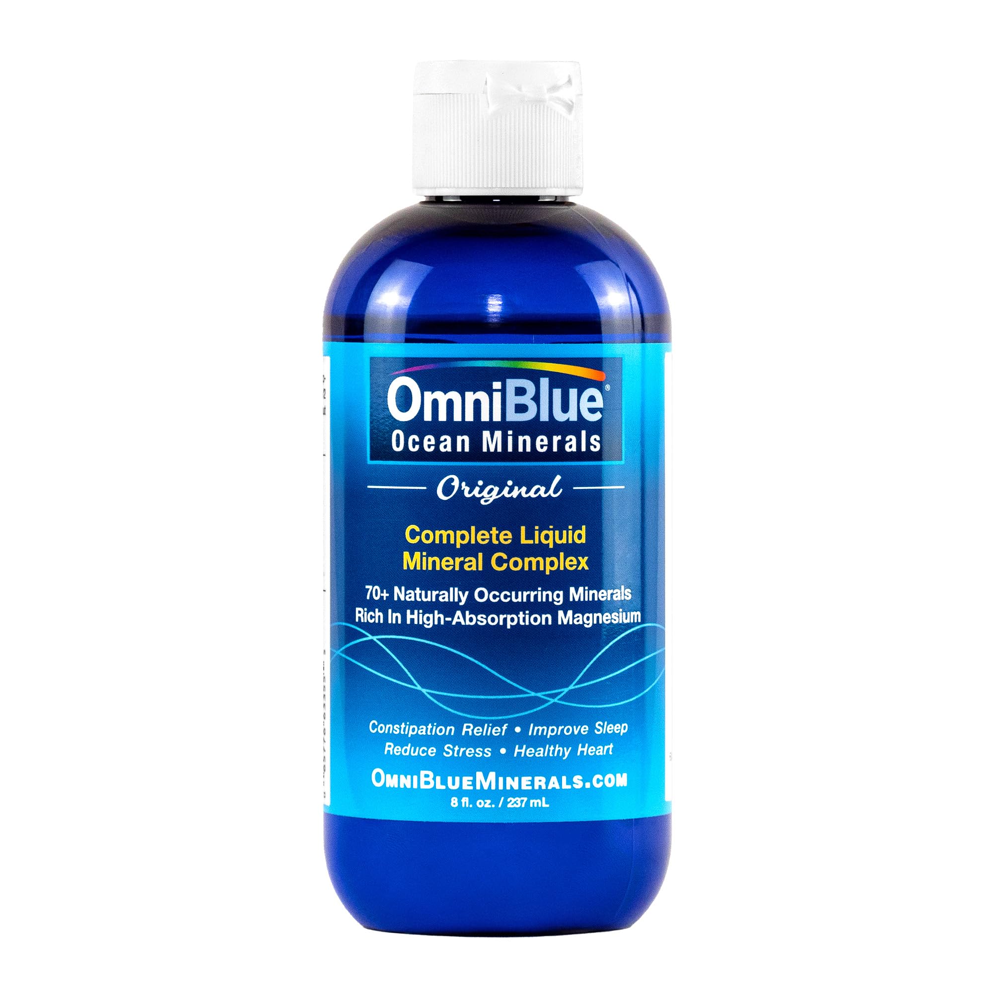 OmniBlue Ocean Minerals bottle poured into water for hydration support