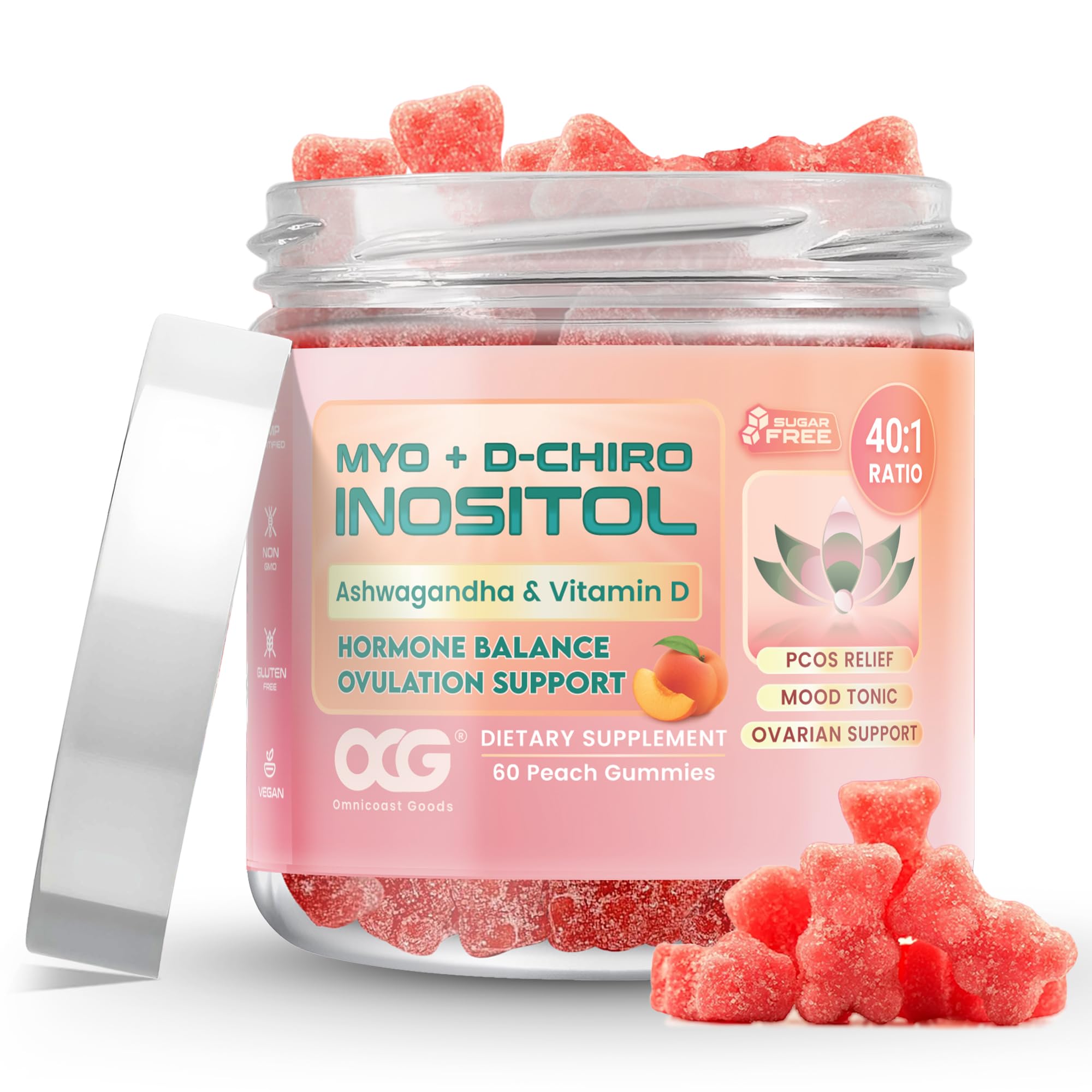 OMNICOAST GOODS gummies in a jar show the 40:1 blend for hormonal balance and ovulation support.