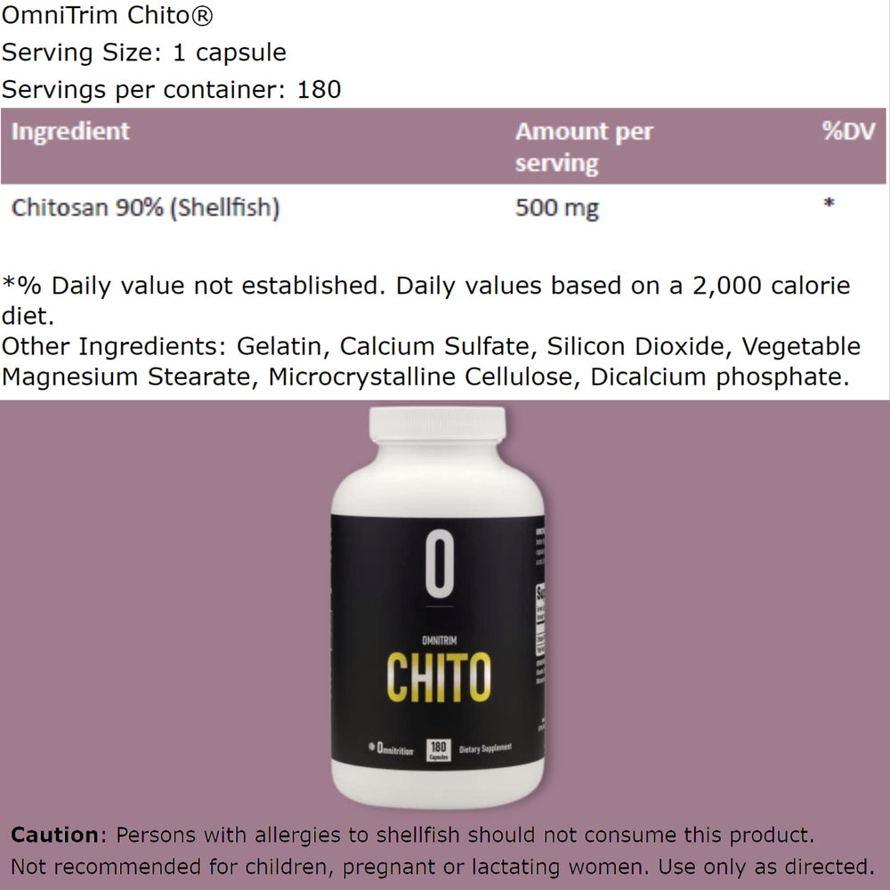 OmniTRIM Chito bottle label highlighting shellfish-derived chitosan details