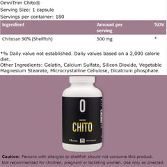 OmniTRIM Chito bottle label highlighting shellfish-derived chitosan details