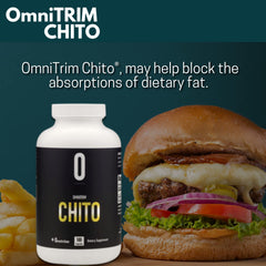 Close-up of OmniTRIM Chito capsules showing 500 mg chitosan content for fat-blocking use