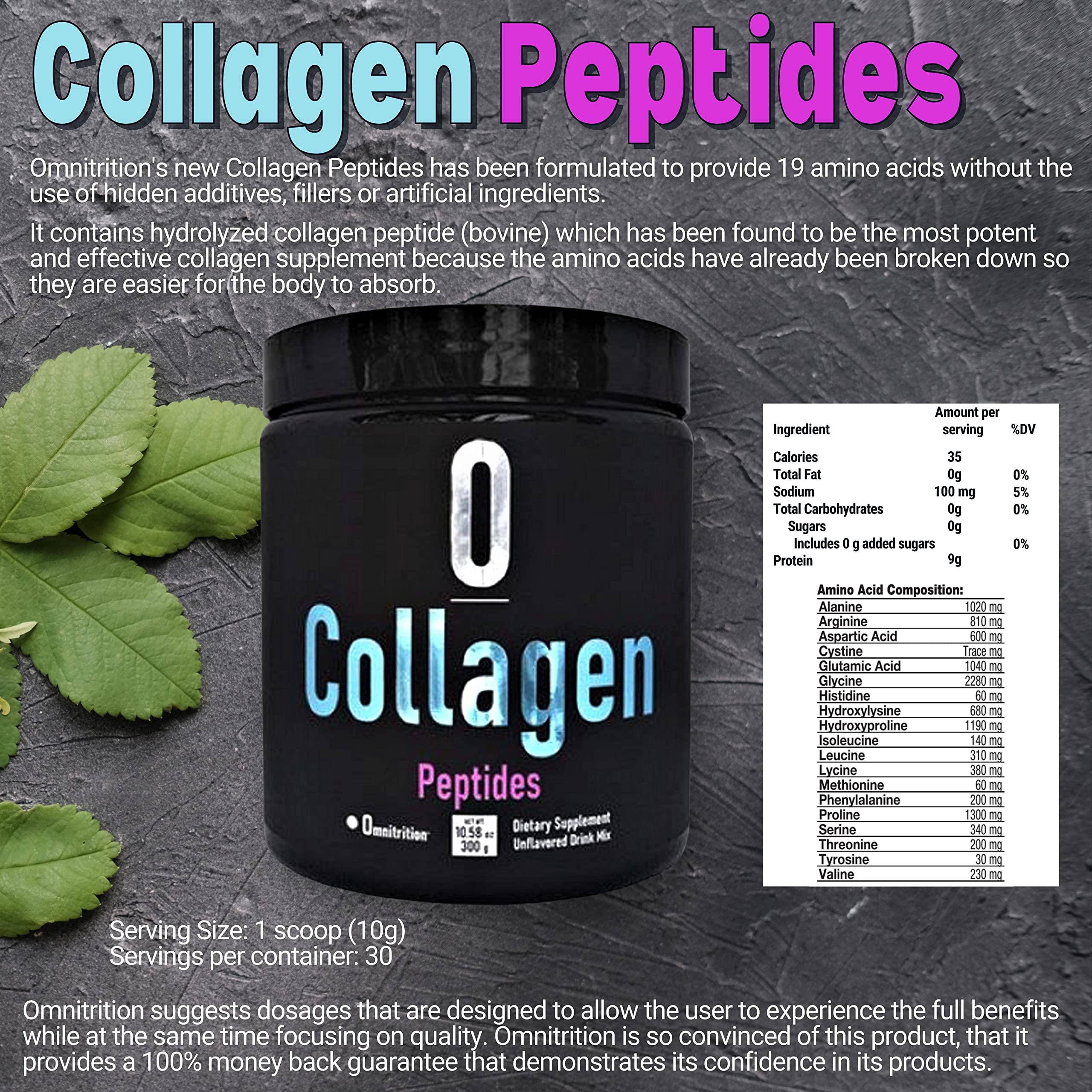 Omnitrition Collagen Peptides unflavored powder being scooped for mixing.