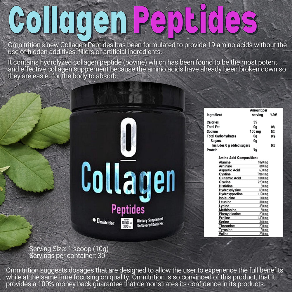 Omnitrition Collagen Peptides unflavored powder being scooped for mixing.