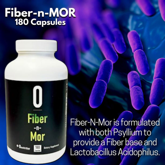 Omnitrition Fiber-N-Mor label close-up highlighting psyllium and probiotic blend