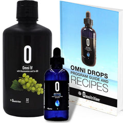 Omnitrition Omni Drops diet bottle with program guide for a guided plan.