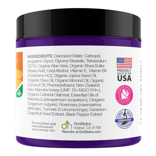 OmNutra New Zealand Manuka Honey Cream label closeup highlights UMF 15+ and MGO 514+ quality