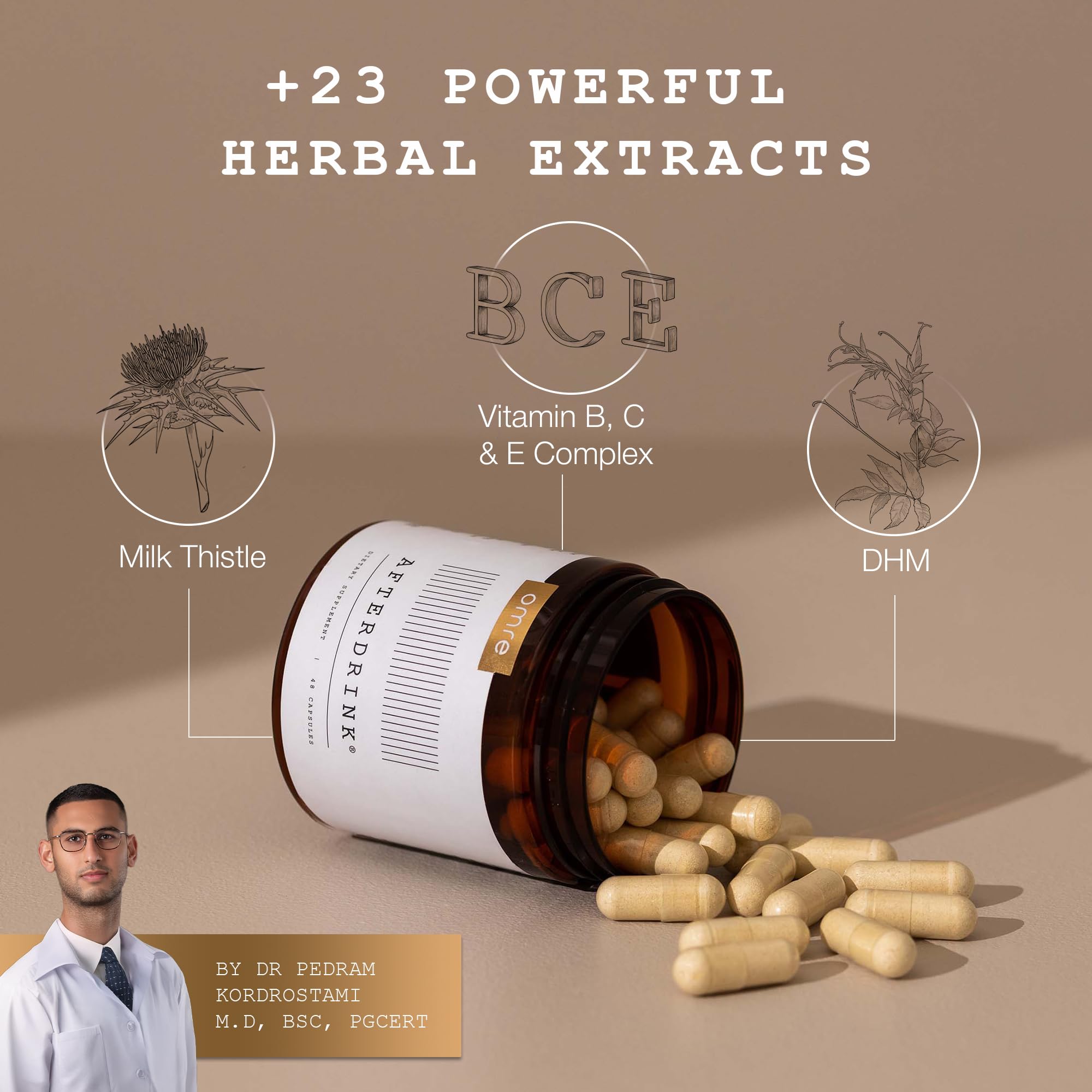 OMRE AfterDrink capsules close-up with herbal blend and portability