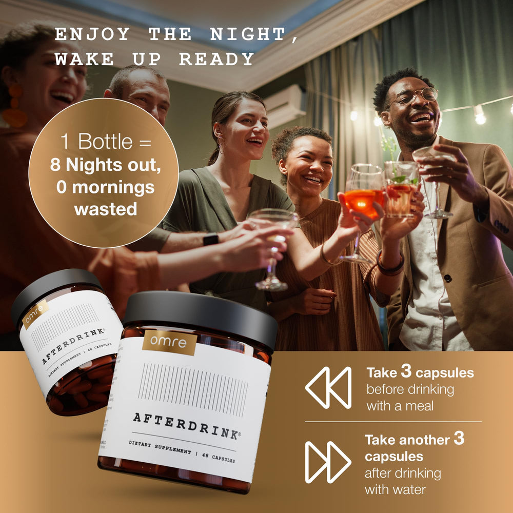 OMRE AfterDrink label front highlighting Milk Thistle and DHM ingredients
