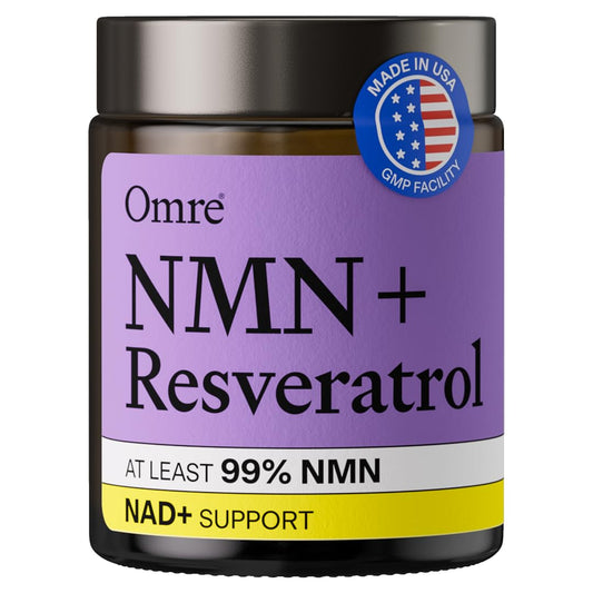 OMRE NMN + Resveratrol bottle showing premium purity for cellular energy support