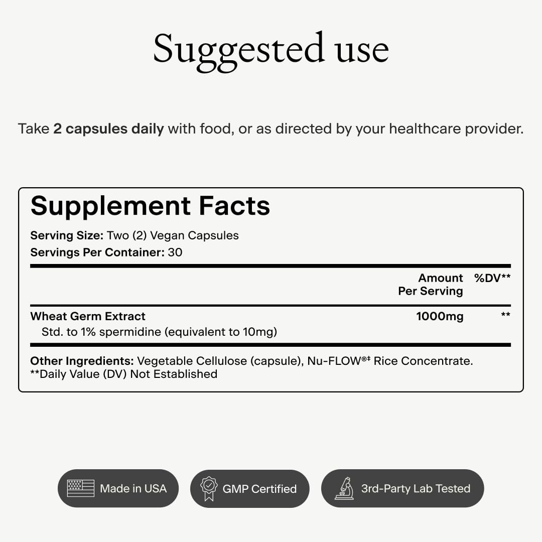 OMRE spermidine supplement ingredient panel emphasizing all-natural formula