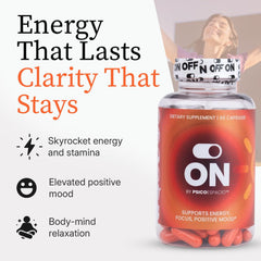 ON by Psicóespacio energy pills ingredients blend shows natural stimulants and vitamins for daily vitality