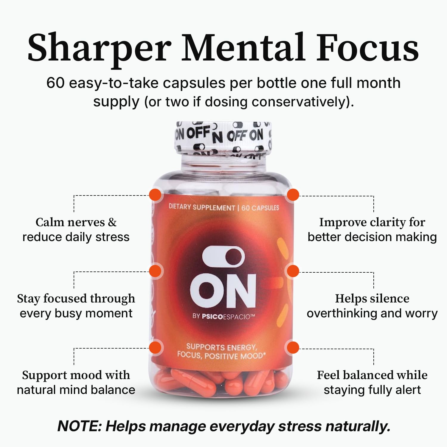 ON by Psicóespacio label details image highlights supplement facts and no artificial fillers