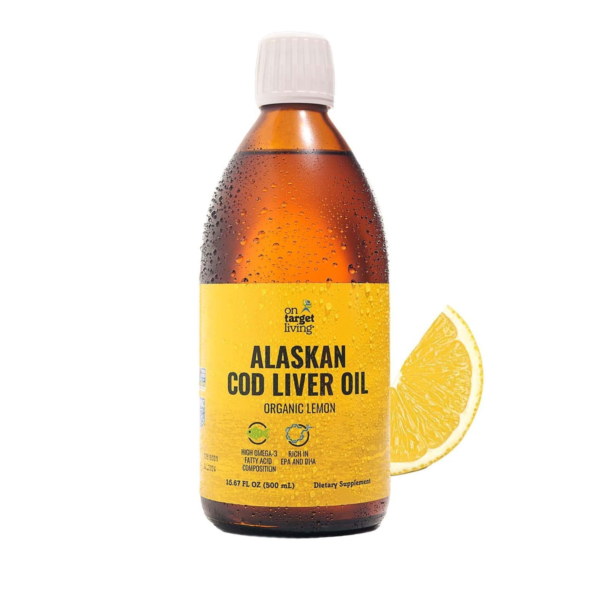 On Target Living cod liver oil bottle shows line-caught freshness and USA origin.