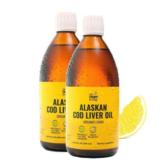 On Target Living cod liver oil bottle with lemon flavor supports convenient daily omega-3 intake.