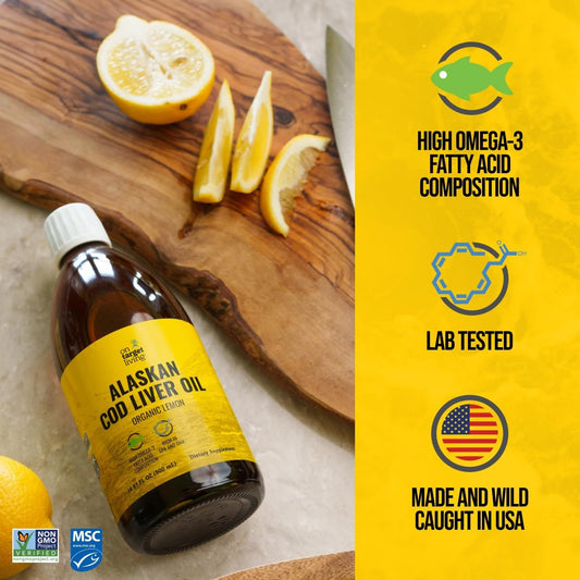 On Target Living lemon flavored cod liver oil pour shot for smooth taste and easy dosing.