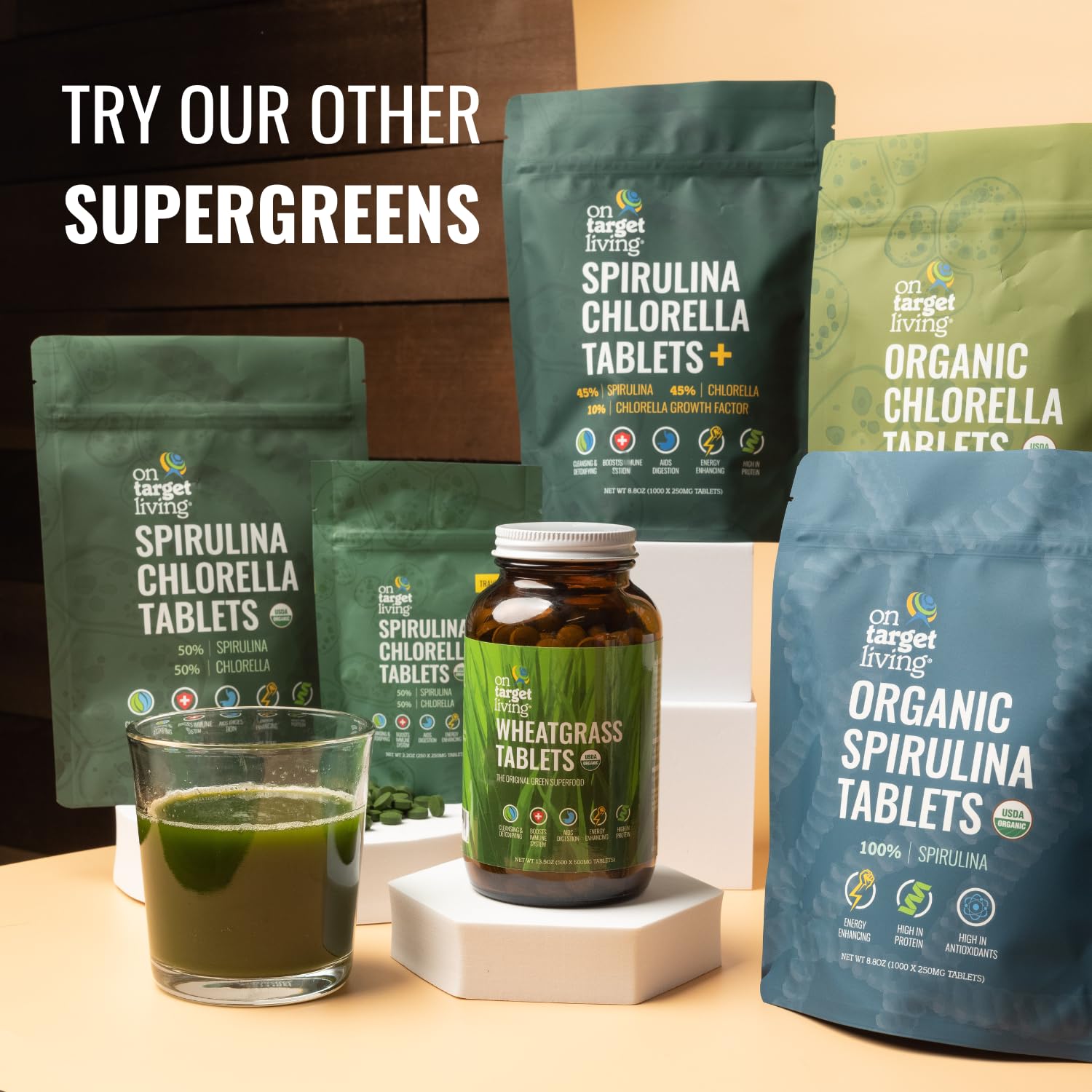 On Target Living daily greens tablets in a dispense bottle for routine use