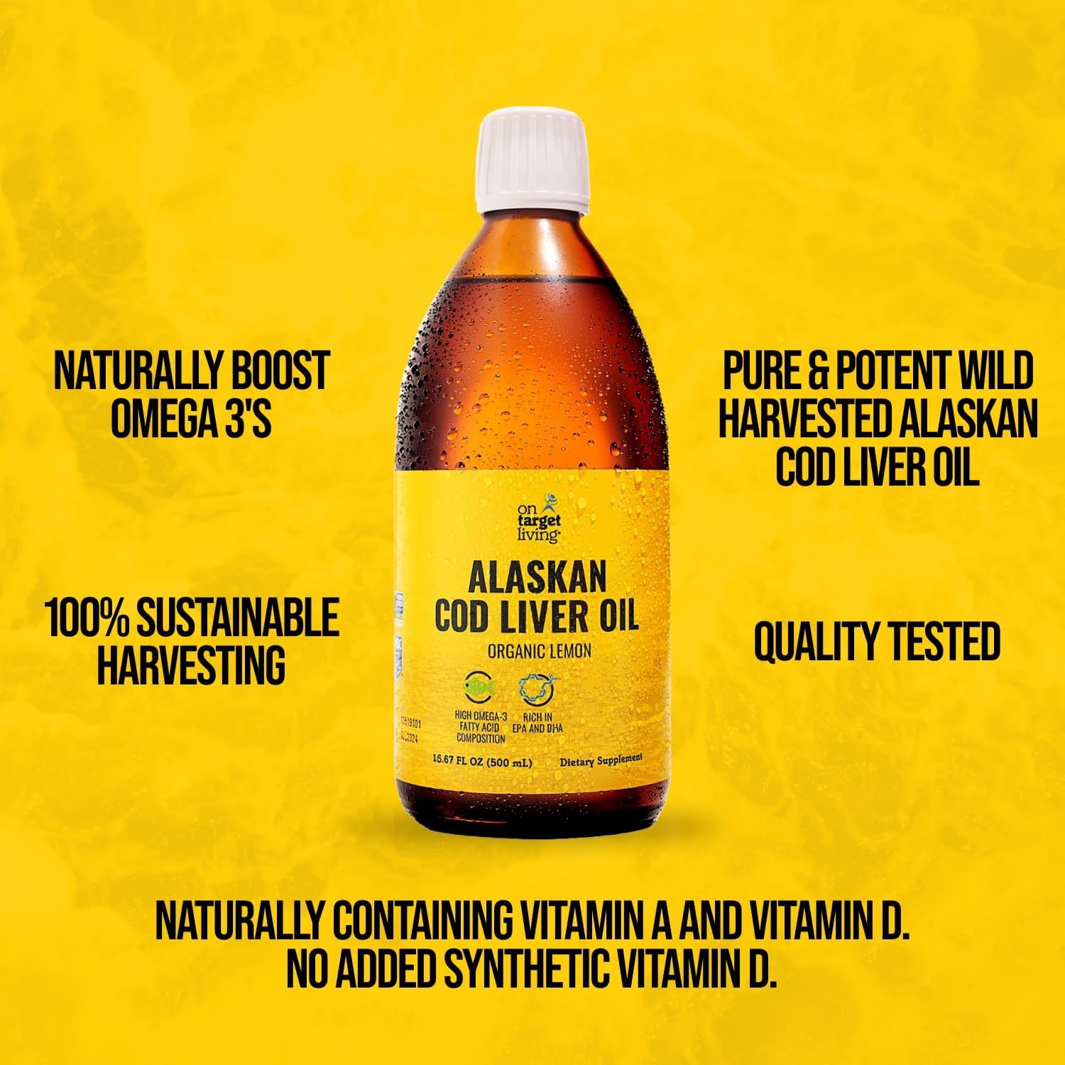On Target Living line caught USA label shows sustainable sourcing and traceability.
