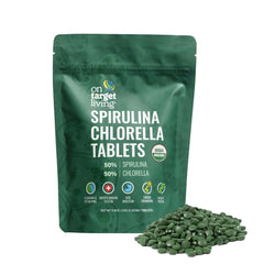 On Target Living spirulina-chlorella bottle front with organic certification
