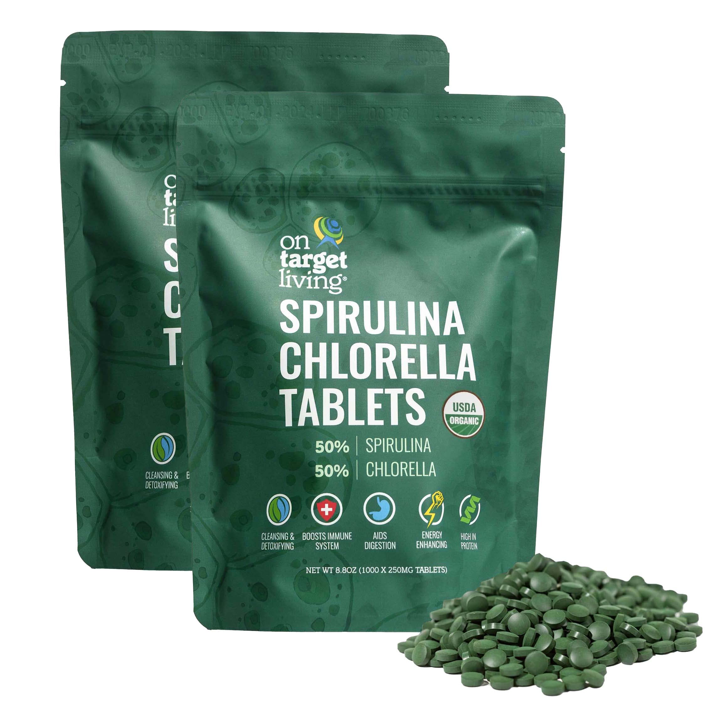 On Target Living spirulina-chlorella tablets bottle for daily wellness.
