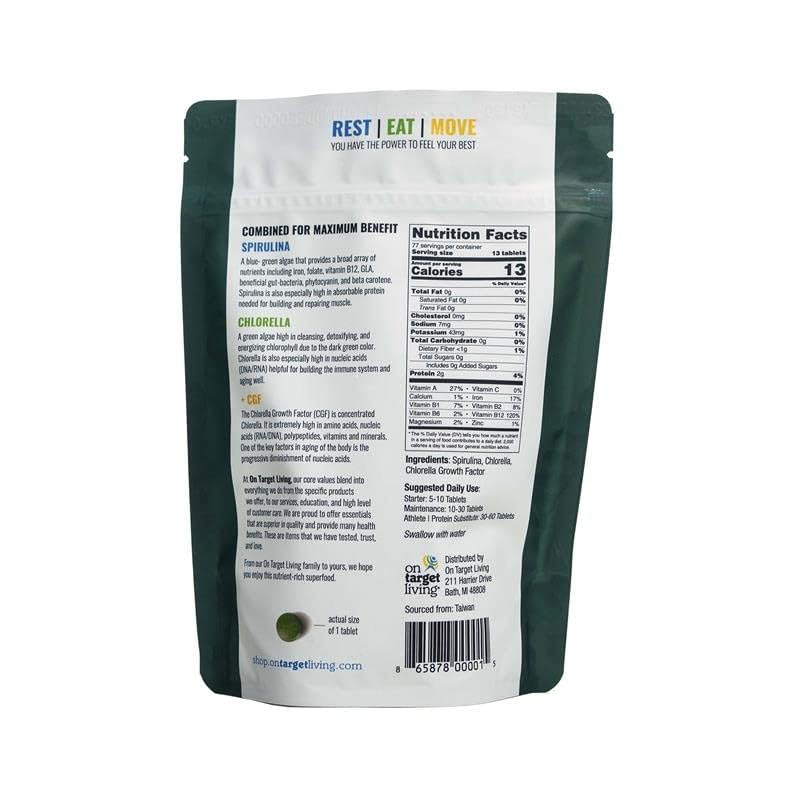 On Target Living spirulina-chlorella tablets closeup reveals compact, easy-to-swallow tablets for on-the-go support.