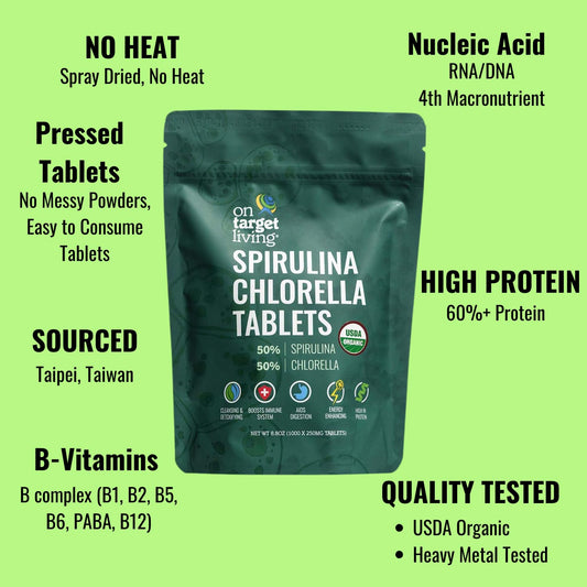 On Target Living spirulina-chlorella tablets closeup highlighting daily greens