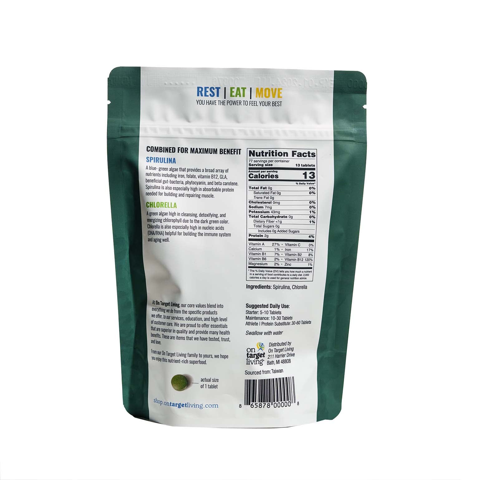 On Target Living spirulina-chlorella tablets with bright green color.